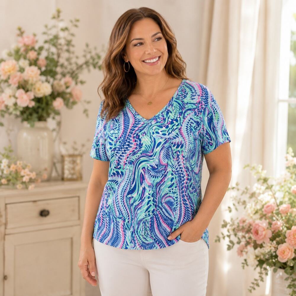 Dear Scarlett V-Neck Pink Blue Abstract Swirl Print Top Size M